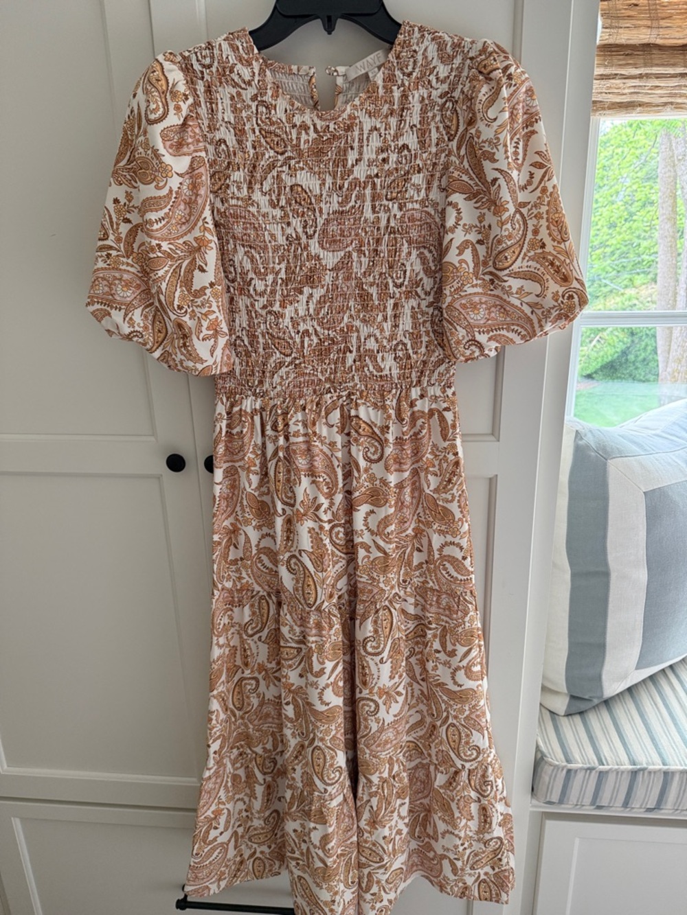 Wayf Paisley Smocked Midi Dress in Cream and Brown
